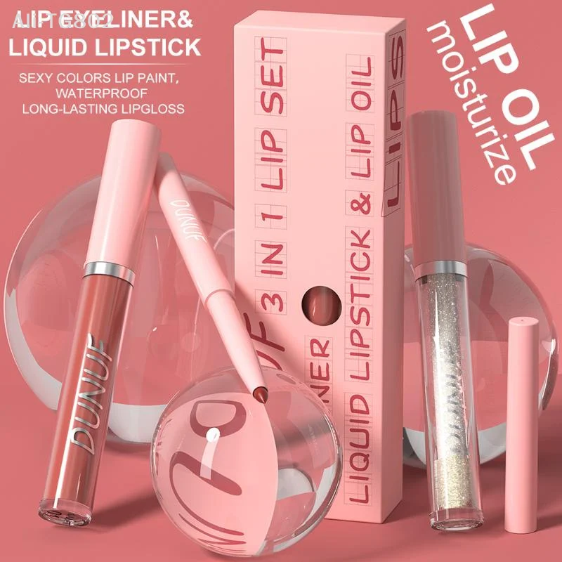 مجموعة مكياج الشفاه المطفية 3 في 1 - ملمع شفاه وقلم تحديد شفاه لامع مقاوم للماء يدوم طويلاً بظلال عالمية، هدية مثالية لمستحضرات التجميل