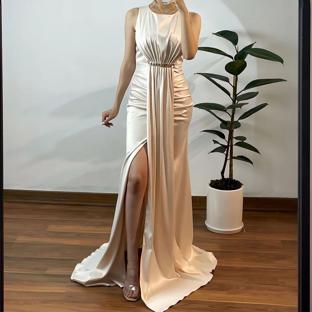 

Satin Sleeveless Cap Sleeve Floor Length Straight Evening Dress Side Slit Sweep Train Sequined Lace Up Back Temperament