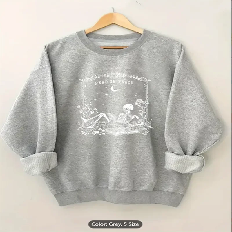 

Женская черная толстовка со скелетом Read In Peace, повседневный пуловер большого размера с графическим принтом для любителей книг, чистый хлопок