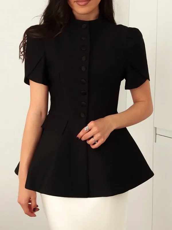 Women's Fashionable Summer Short Sleeve Slim Fit Pure Color Waist-Cinching Stand Collar Single-Button Suit Jacket