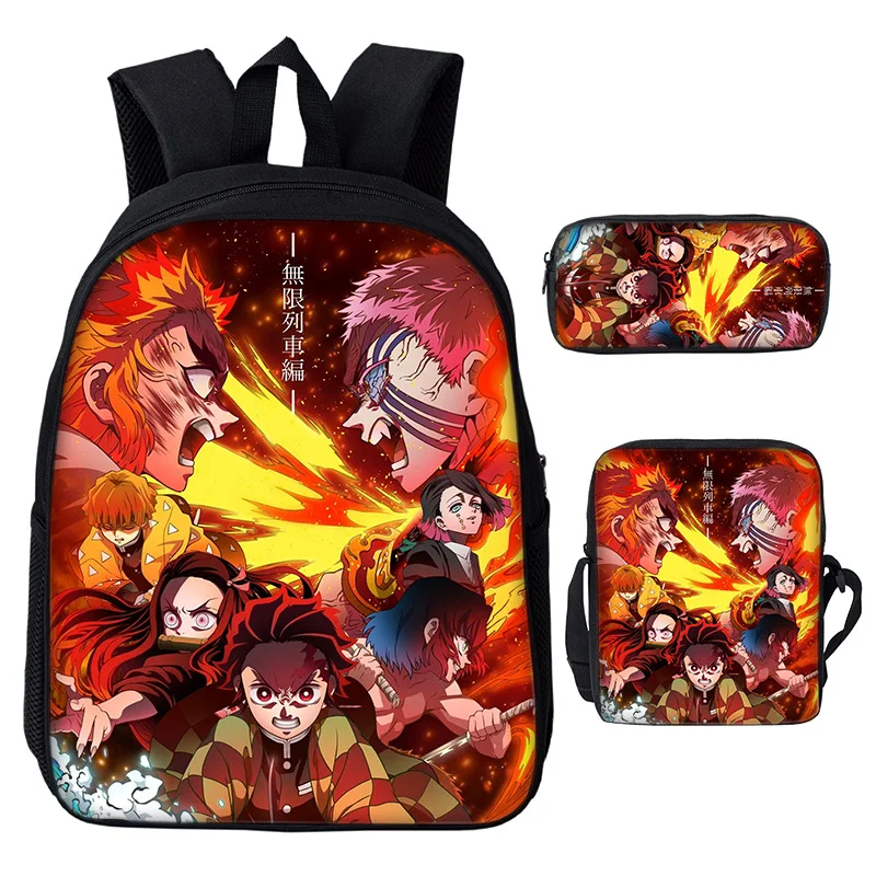 Anime Demon Slayer Plecak Chłopcy Dziewczynki 3-częściowy zestaw tornistrów Studenci Bookbag Torby na ramię Torba na długopisy Tornister szkolny Mochila