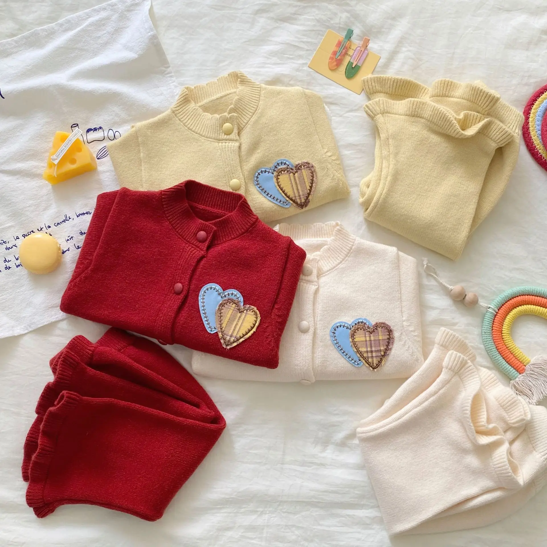 Infant Girl Heart Knitted Cardigan + Pants 2pcs Suit Toddler Casual Sweater Outfits 2025 Autumn New Baby Long Sleeve Clothes Set