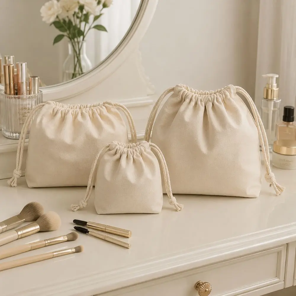 Portable Canvas Drawstring Cosmetic Bags Reusable Soft Makeup Pouch Travel Storage Bags for Women