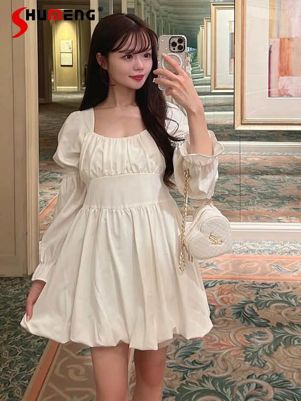 

Japanese Style Elegant Sweet Square Neck Flare Long Sleeve High Waist Lace-up Bow Simple Solid Color Short Dress Women Spring