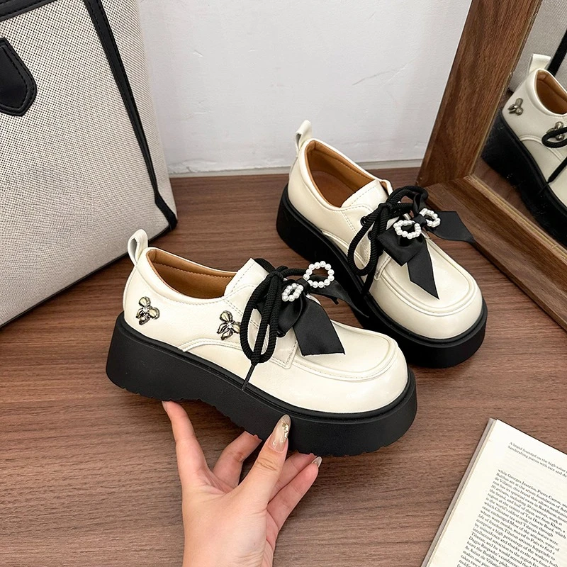 

Bow Single Shoes Autumn New Round Toe Deep Mouth Lace-up Platform Soft Sole Anti-slip Wear-resistant Low Top Shoes