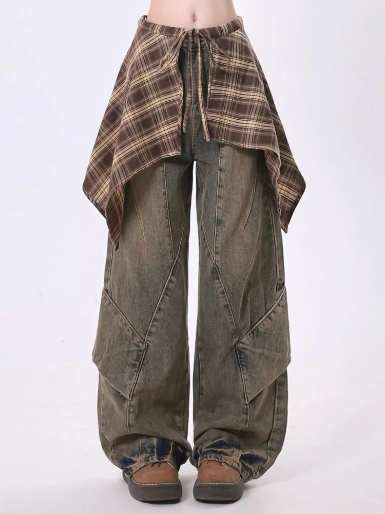 

HOUZHOU Y2k Винтажные женские джинсы из двух предметов с юбкой Kpop Harajuku Широкие джинсовые брюки в американском стиле Мешковатая уличная одежда