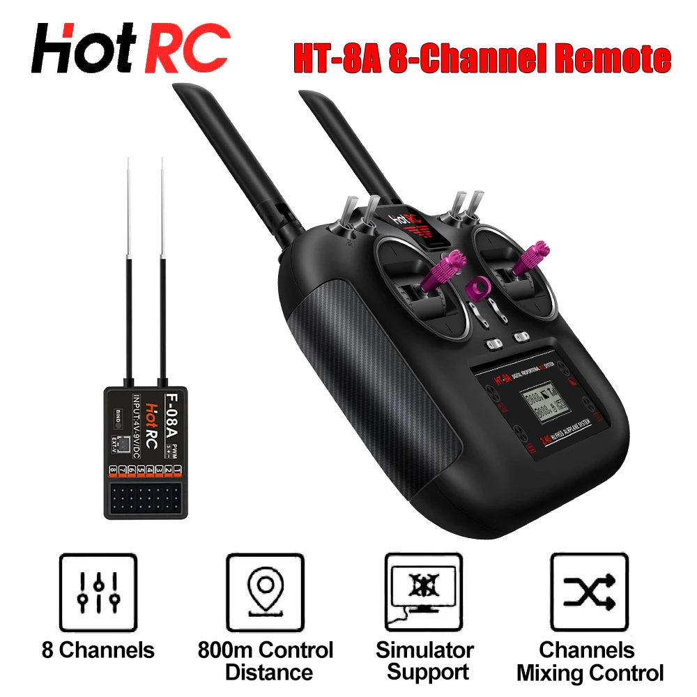 HotRC HT-8A 2.4GHz 8CH 8A RC Transmitter PWM FHSS with F-08A Receiver Radio System Remote Controller for RC Drone