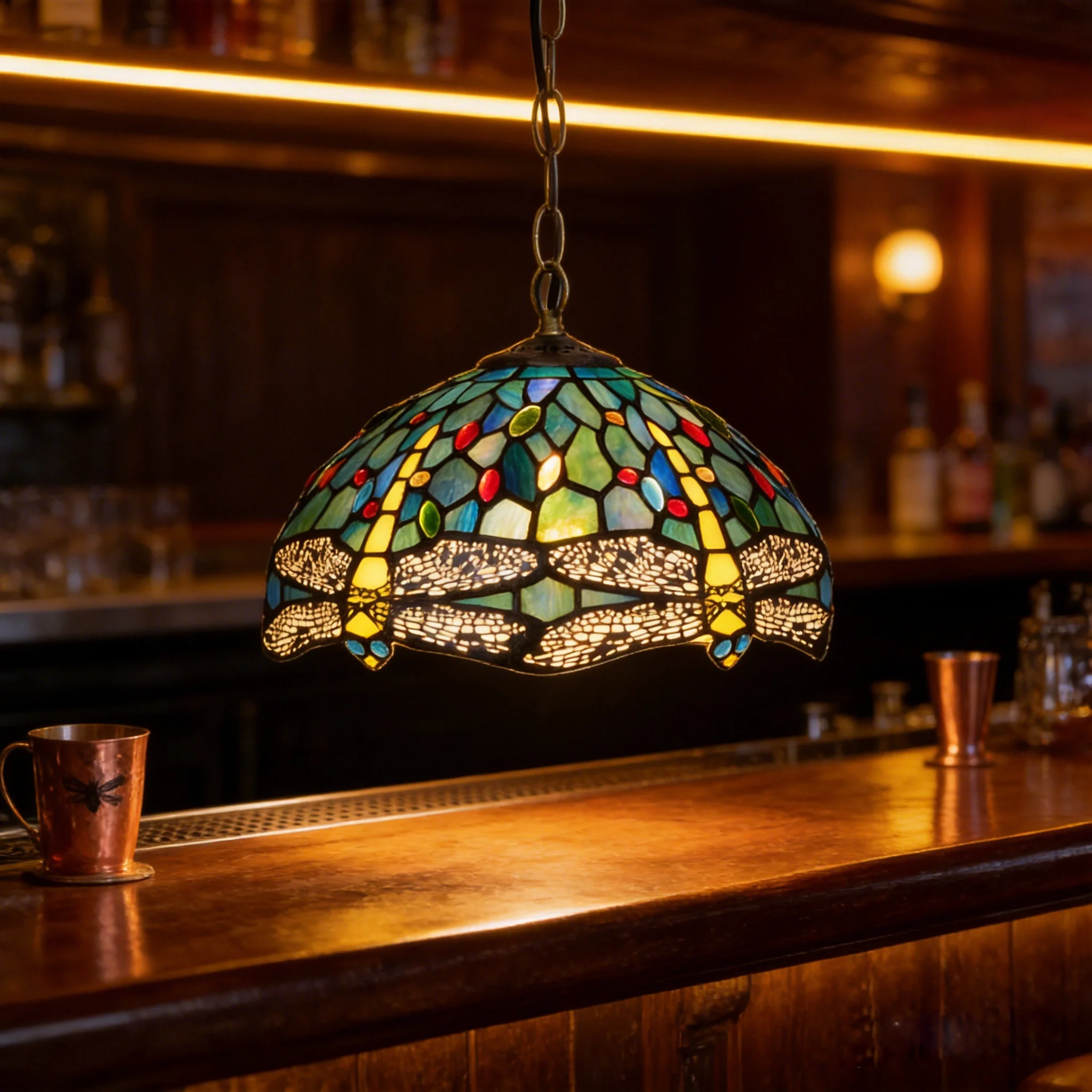 Tiffany Stained Glass Pendant Light 12" Wide Blue Dragonfly Style Hanging Lamp for Dining Room Kitchen Island Home Farmhouse