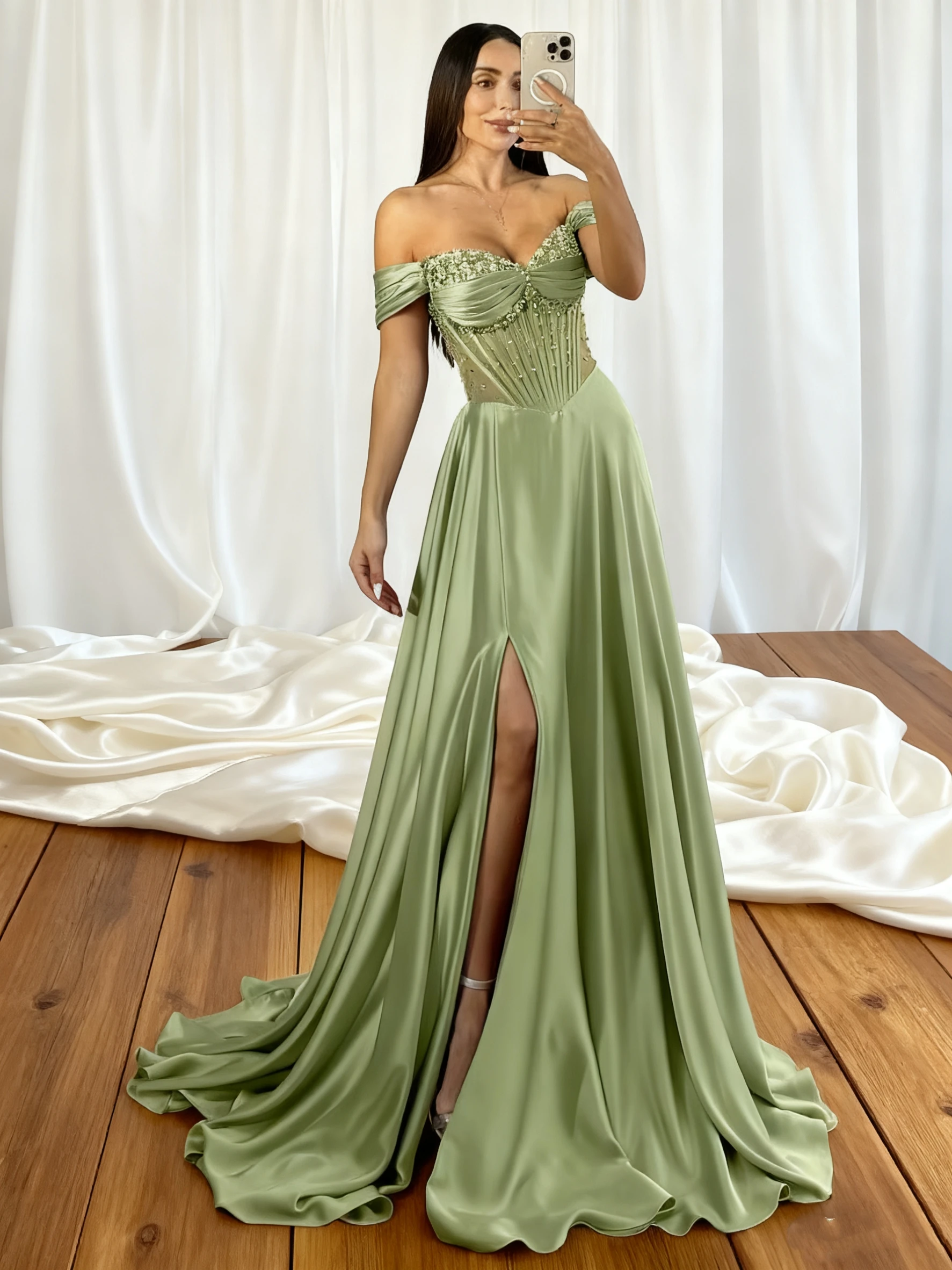 

Prom Dresses for Women Beaded Sparkly Satin Formal Dress with Slit Off Shoulder