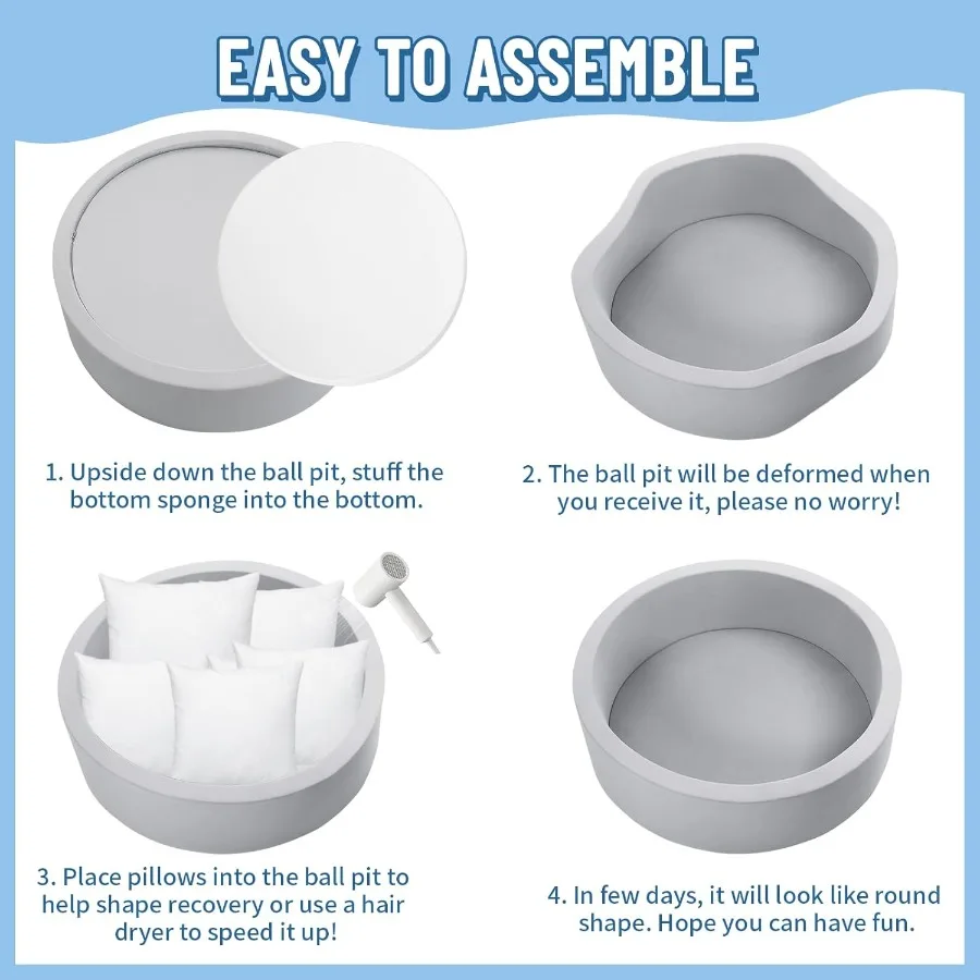 Poço de bola de espuma para crianças, grande poço de bola para bebês com esponja de memória macia, cercadinho interno e externo para bebês, piscina de bolinhas gi