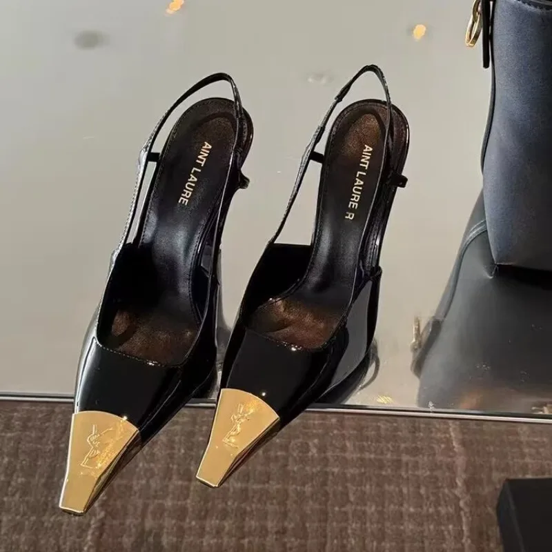 

Runway Fashion Women's Black Patent Leather Metal Square Toe Stiletto Heels Elegant Baotou Sandals Zapatillas De Mujer Elegantes