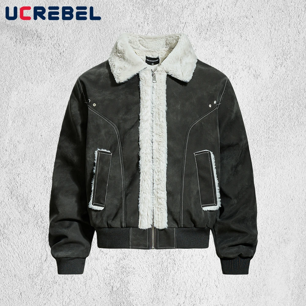 Spliced PU Leather Jacket Mens Winter Thick Retro Distressed High Street Lapel Long Sleeve Padded Ja