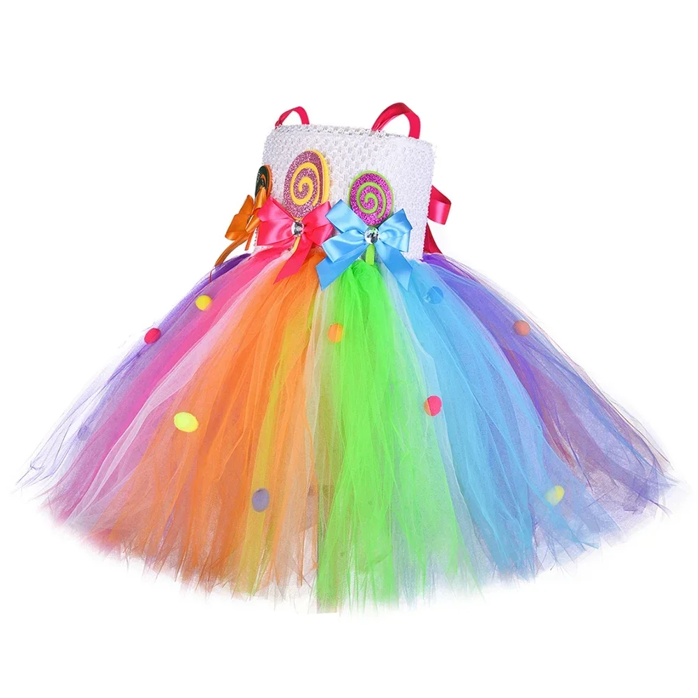 Candy Tutu Dress for Girls Halloween Carnival Purim Candyland Lollipop Costume Kids Birthday Party Rainbow Tulle Princess Dress