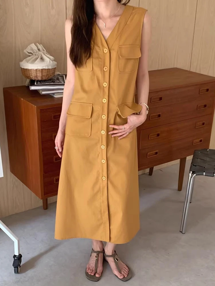 Liangliang Retro Workwear เสื้อกั๊ก Dr ผู้หญิงฤดูร้อนใหม่ Elegance V-ne Svel ยาว Dr Multi-ket เดินทางเอวสูง