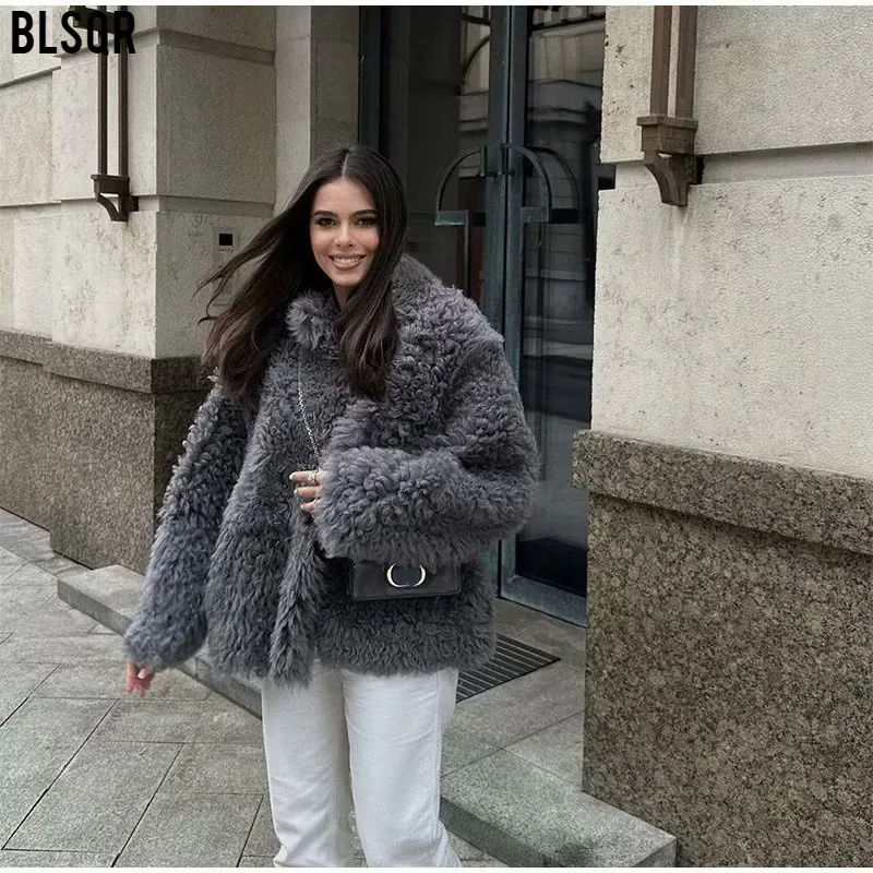 Grey Lapel Faux Fur Coat For Women Fashion Long Sleeves Thick Warm Cardigan 2024 Autumn Winter Chic Lady High Street Outerwear