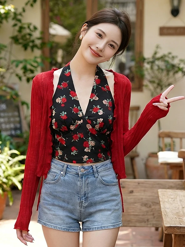 

Retro Floral Print Halter Neck Crop Top Women's Slimming Beautiful Small Shirt Spring Summer New Style Breathable Comfortable