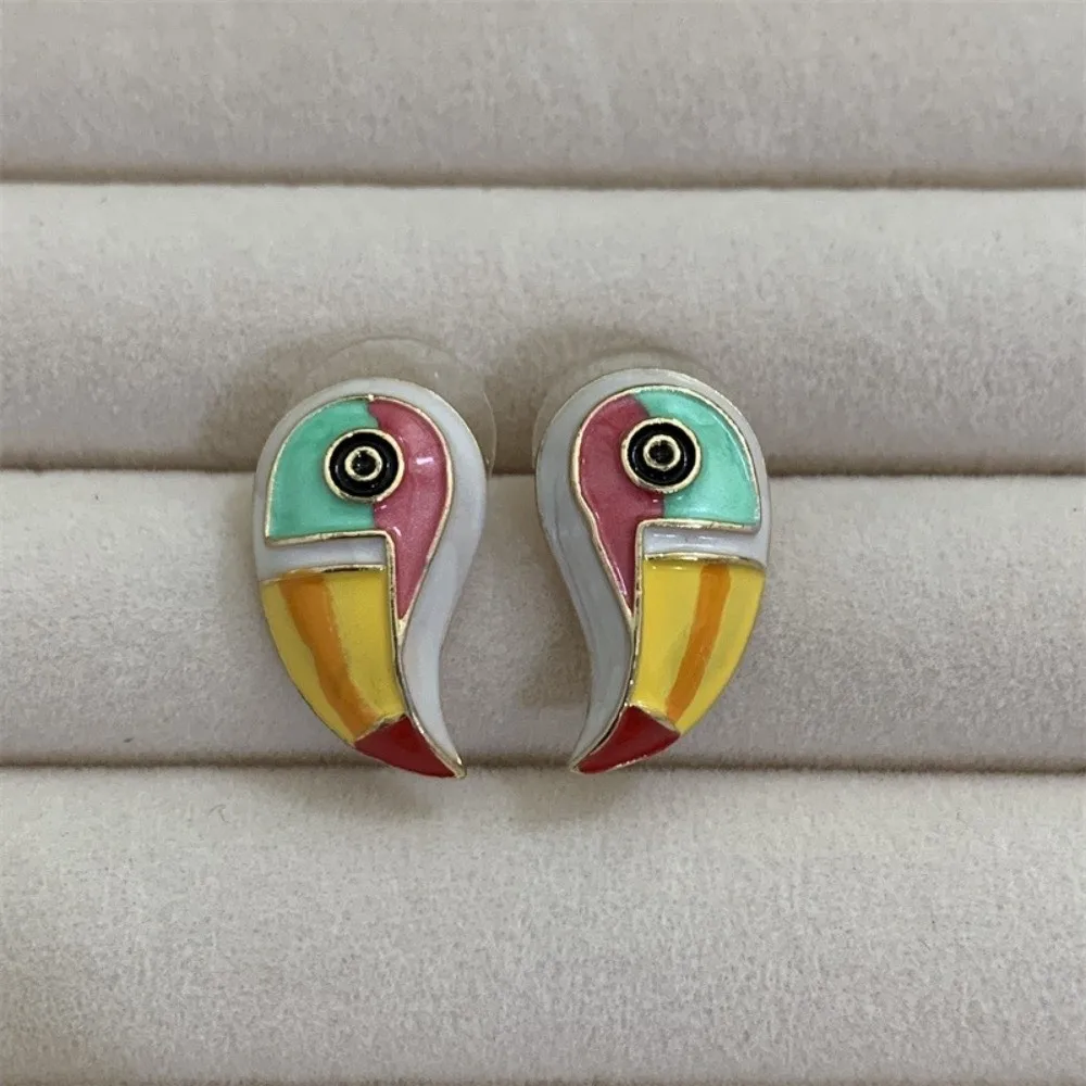 Colorful Parrot Earrings Adjustable Oil-drip Design Enamel Toucan Bird Brooch Vintage Style Geometric Shape Animal Lapel Pin