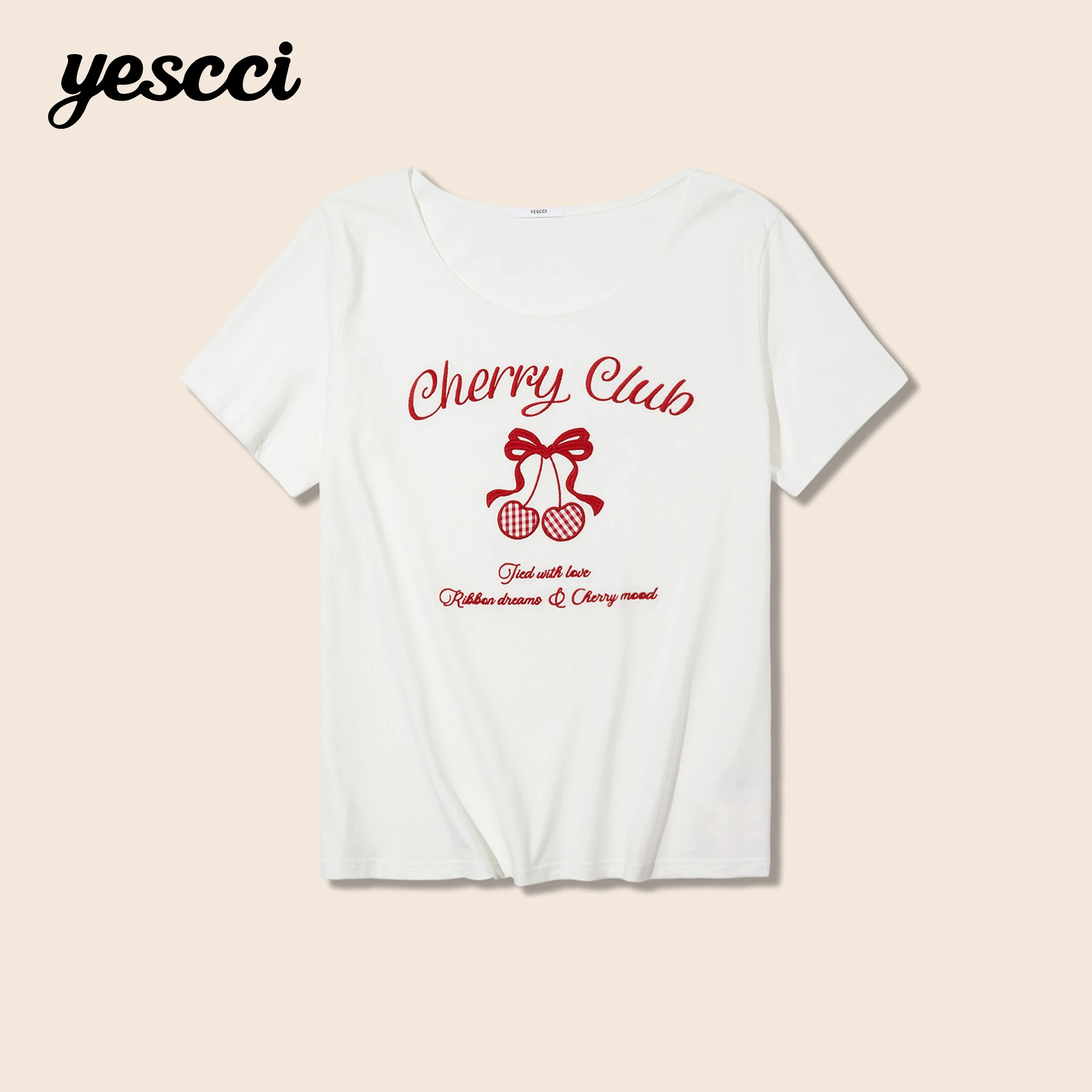 YESCCI Women T-Shirt 2026 Summer New Cherry Letter Embroidery Loose Fit Tee Shirt Soft Cotton Casual Vintage Tops Lady S56320744