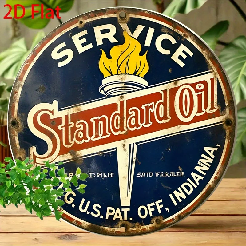 Retro Standard Oil Metal Sign – Vintage Gas Station Decor with Burning Pump Design, 2D Flat Round Aluminum Wall Art for Garage,