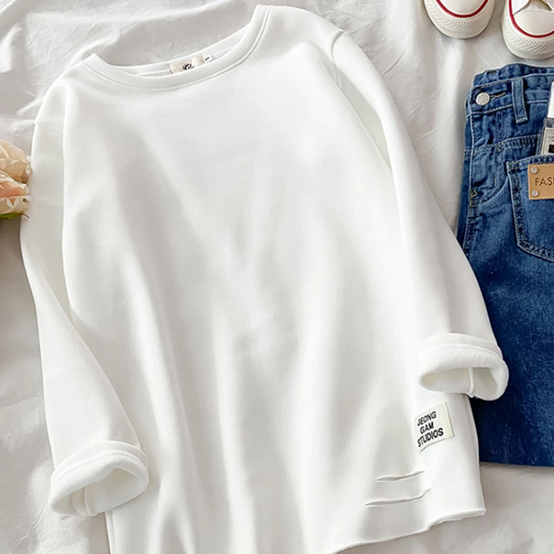 

White Thickening Long Sleeve T-shirts Women Hole Fashion Students High Street Harajuku O-neck Loose Tops Korean Style Designer