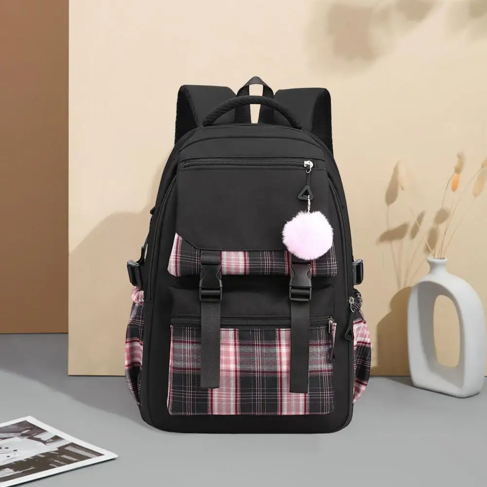 School Backpack Plaid Print Student Backpack with Plush Ball Pendant Capacity Multi Compartment School for Pupils for Outdoor