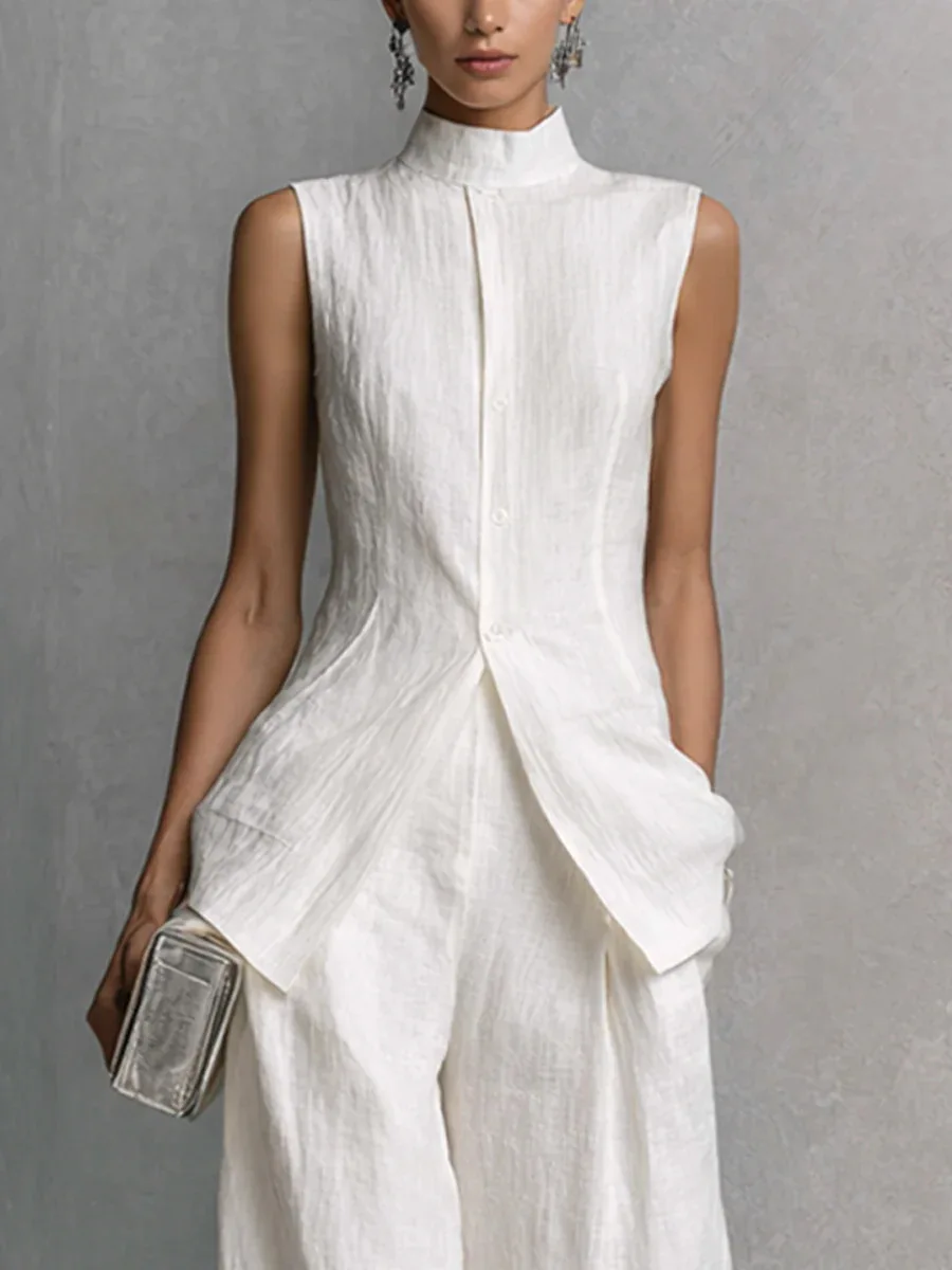 Vintage Solid Cotton Linen Suit for Women Sleeveless Turtleneck Top & High Waist Pants Set New Spring Summer Button Loose Outfit