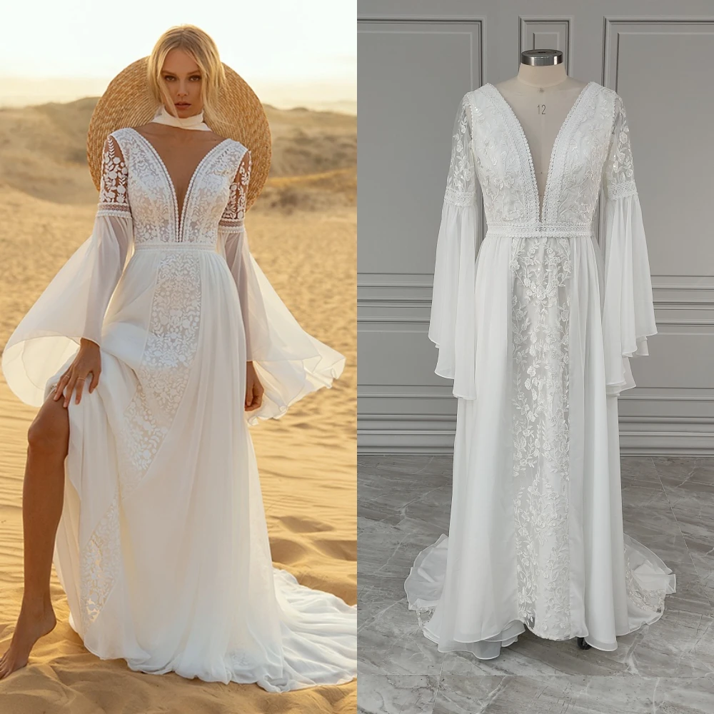 10955 #   Personalizado boho alargamento mangas com decote em v sem costas apliques rendas macio chiffon vestido de casamento vestido de noiva para mulher