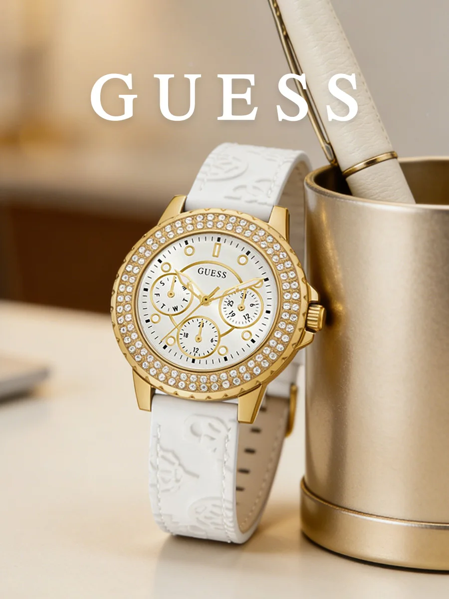 Guess Women's Watch White Leather Strap Gold Tone Chronograph Quartz Watch Crystal Bezel Fashion Accessory for Daily Office Gift