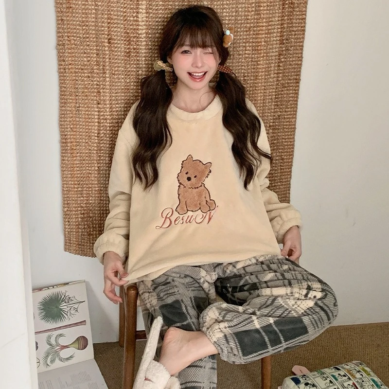 

L-5XL Plus Size Coral Fleece Pajamas Women Korean Cute Caroon Winter Thickened Sleepwear Home Clothes Outfits Flannel Loungewear