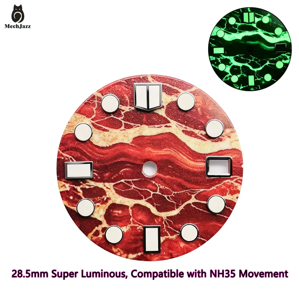MechJazz 28.5mm Red Gold Marble Stone Texture Pattern Watch Dial Super Luminous Dial For NH35 NH36 Automatic Watch Mod Parts
