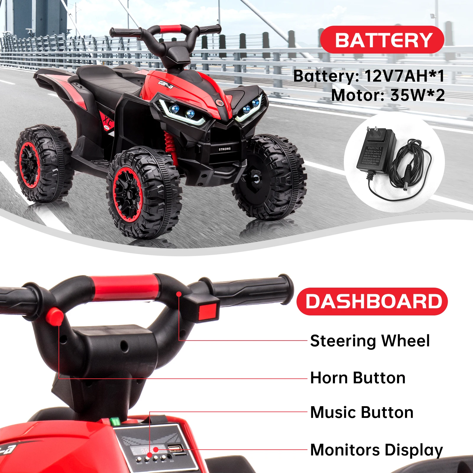 12V Kids Ride On ATV, 4 Wheeler Electric Vehicle for Toddlers, Battery Powered Motorized Quad Toy Car for Boys Girls with LED