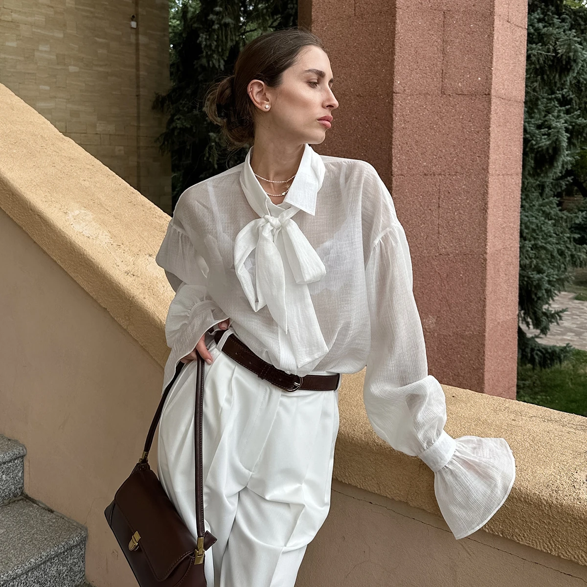 

Flare Sleeve Bow Tie Sheer Sexy Blouse Women Summer Fashion Loose Blouses Shirts Casual Lady Elegant Tops Streetwear 2025