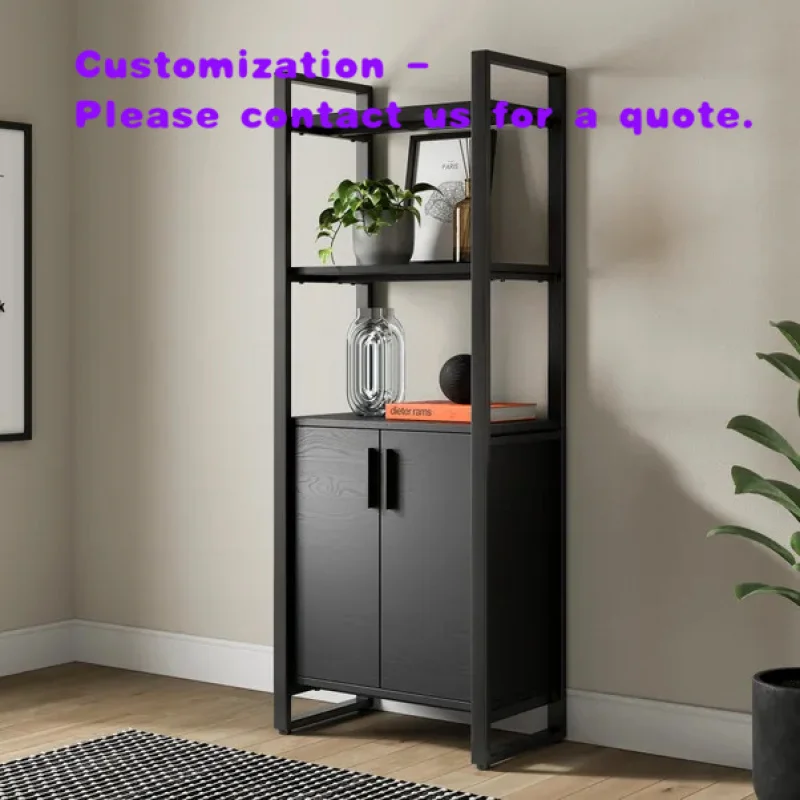 custom.Modern Industrial Style Bookcase with 3 Shelves and 2 Wooden Book Storage Display Cabinet Living Room Metal Fra