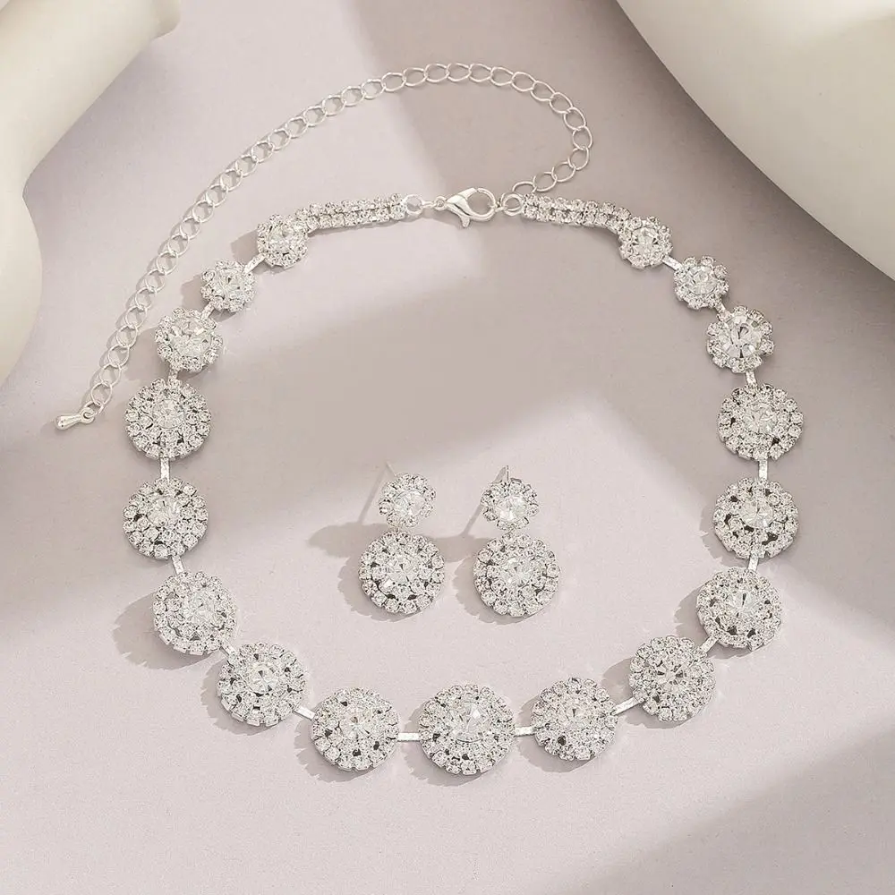 

Elegant Alloy Necklace Earnail Set Black White Bridal Jewelry Set Round Droplet Korean Style Wedding Rhinestone Set Gift