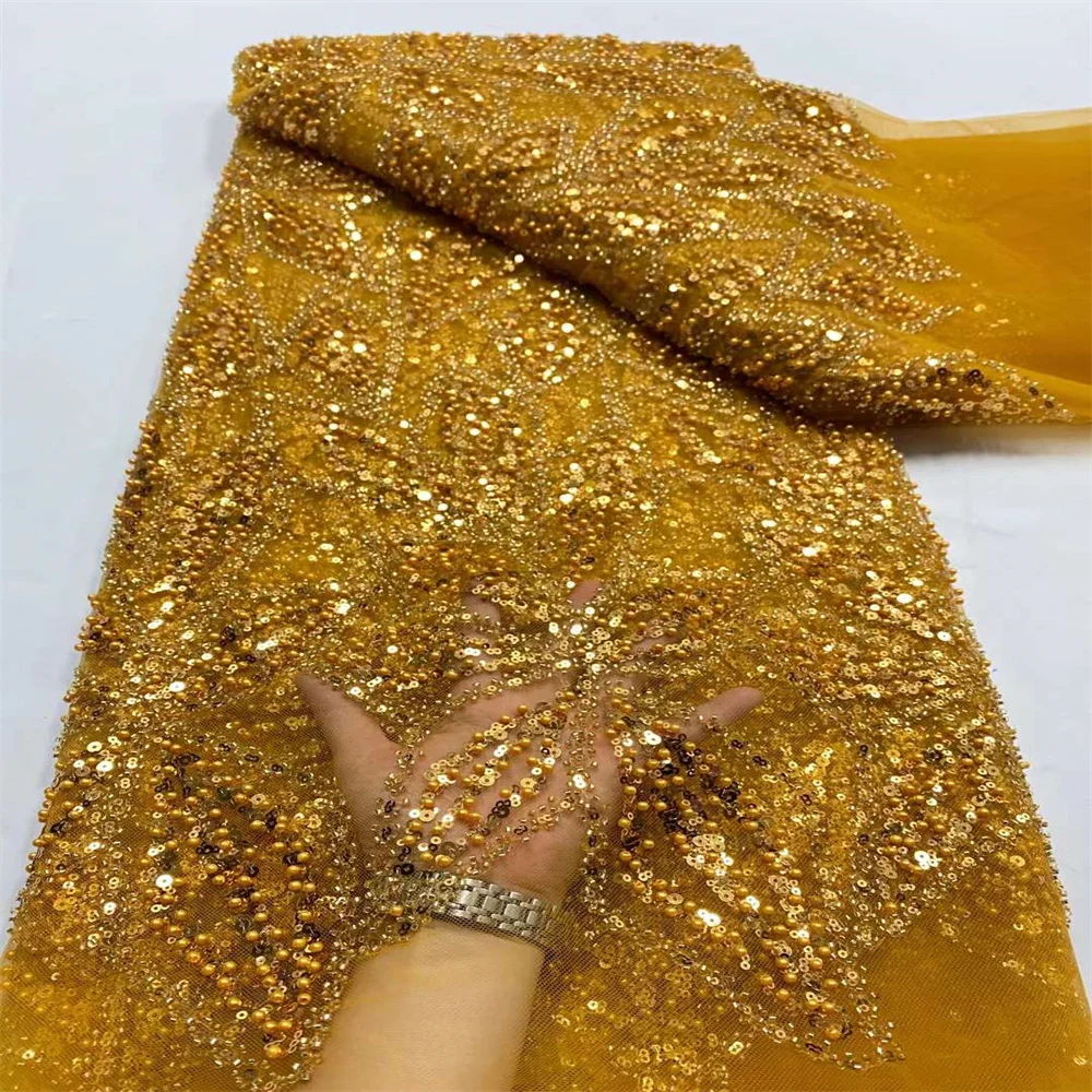 

2023 High Quality African Tulle Lace Fabric Sequins Mesh Luxury Beaded Embroidered Tulle Laces Fabrics for Sewing Dresses CD2405