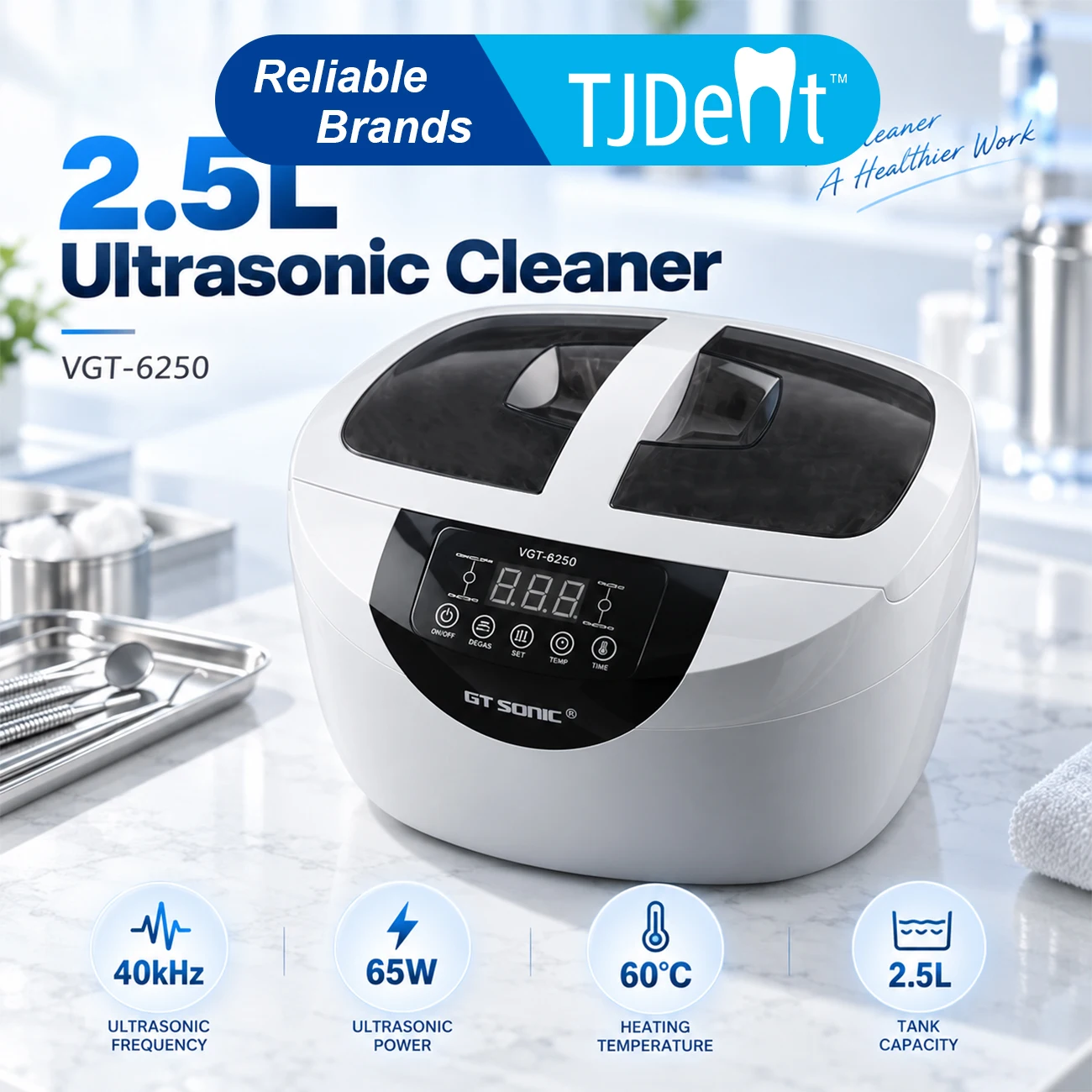 TJDent Ultrasonic Cleaner 2.5L 65W Digital Ultrasonic Cleaning Machine with Heating for Dental Instruments Jewelry Glasses