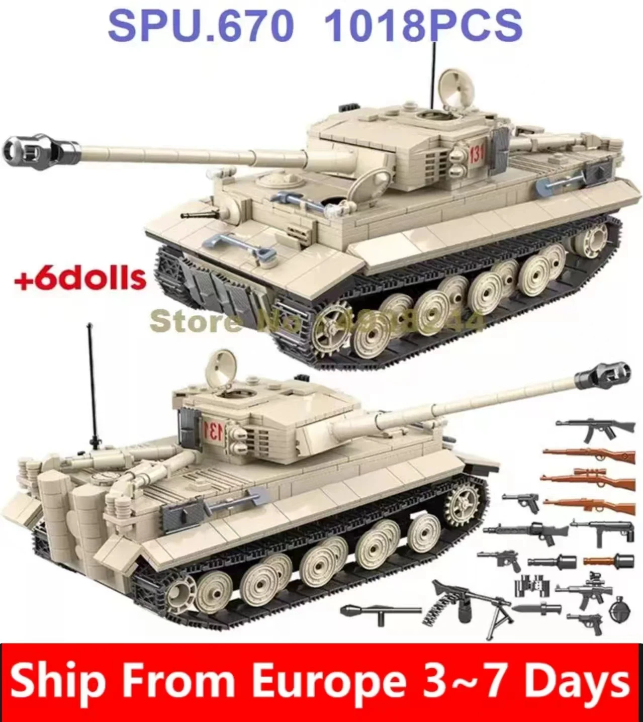 100061 1018pcs Military Army Tank Ww2 Tank 6 Dolls World War Ii Weapon Boy Building Blocks Toy