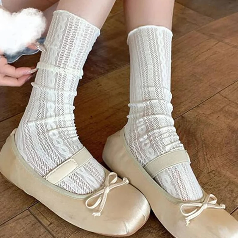 2 paia di calzini lunghi scavati in pizzo a rete da donna calzini femminili solidi retrò estivi sottili casuali di base per ragazze dolci