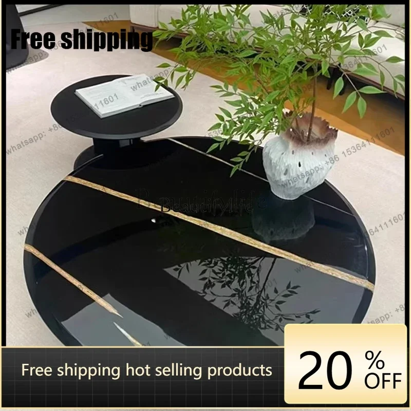 JJ Light luxury imported natural Lauren black gold marble coffee table ash wood round luxury stone coffee table