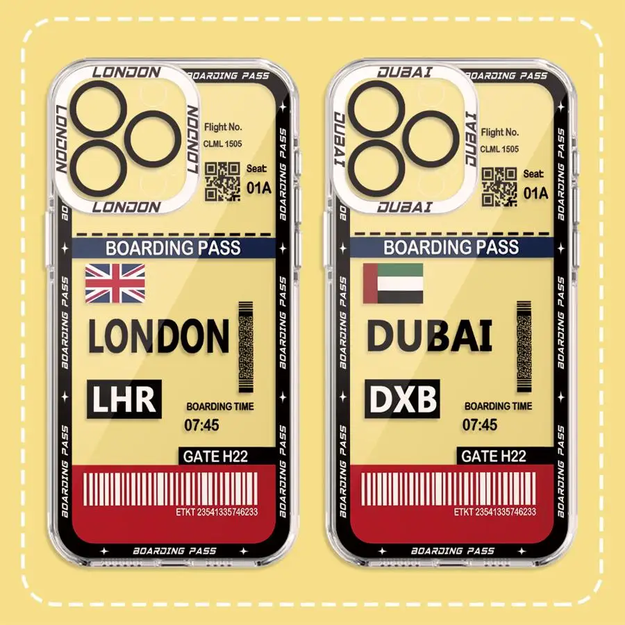 Klare Handyhülle für iPhone 17 Pro Max 16 Plus X XS XR Air 12 13 Mini 15 11 7 8 SE 6 6S 14 Dubai London Boarding Pass