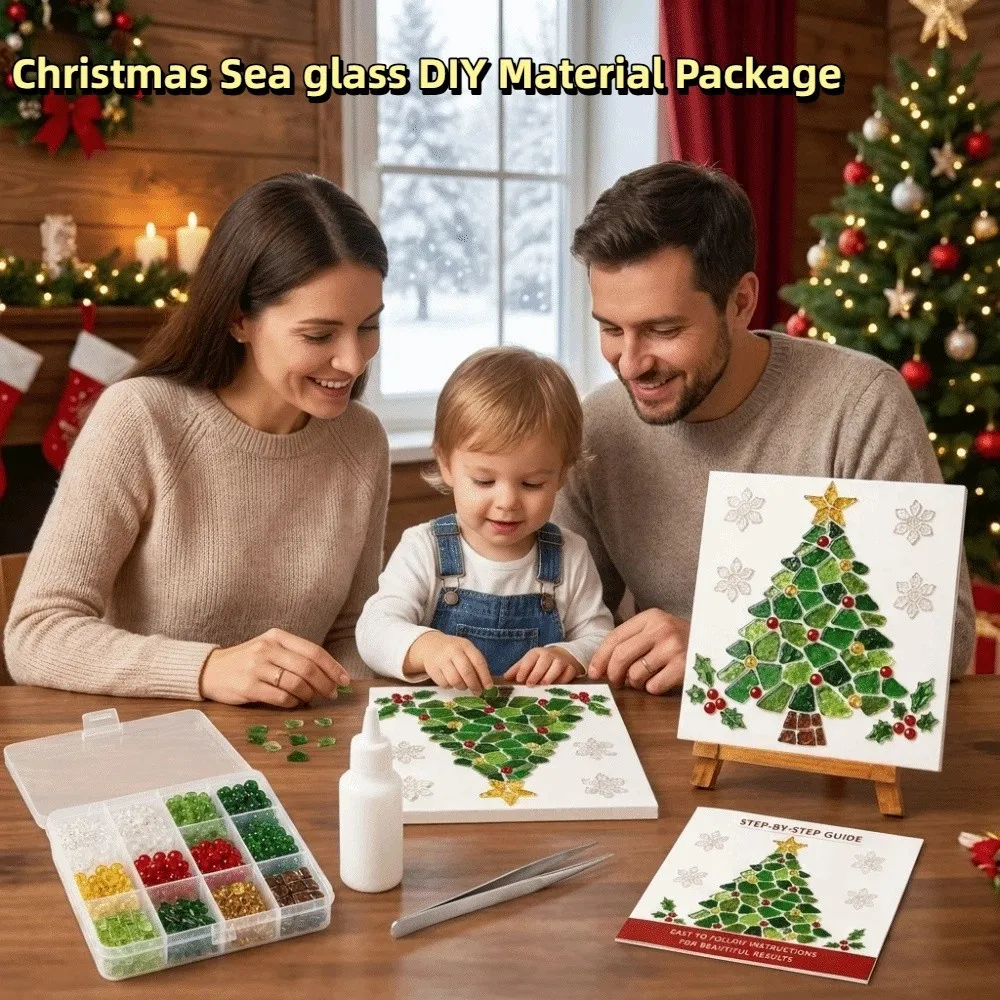 Non-Fading Christmas Sea Glass Painting Art Set Snowman Framed Christmas Tree Sea Glass Art Kit Colorful Glass Handmade
