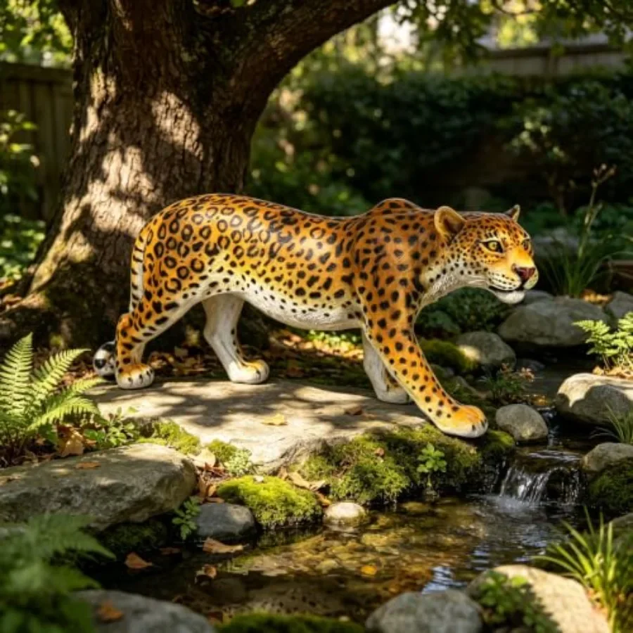 32'' Realistic Spotted Leopard Garden Statue, Walking Posture Resin Wildlife Sculpture, African Animal Figurine Outdoor Yard Ar