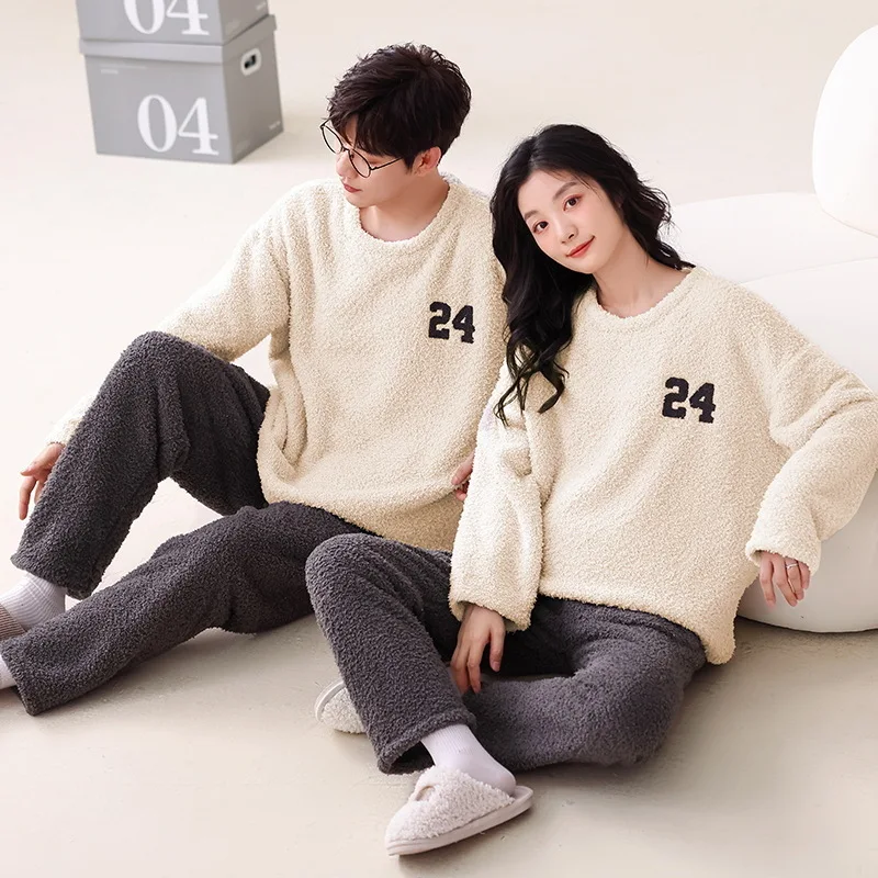 New Long Sleeves Thicken Flannel Couple Pullover Pajama Set for Winter Warm Coral Fleece loungewear for Women and Men pijama