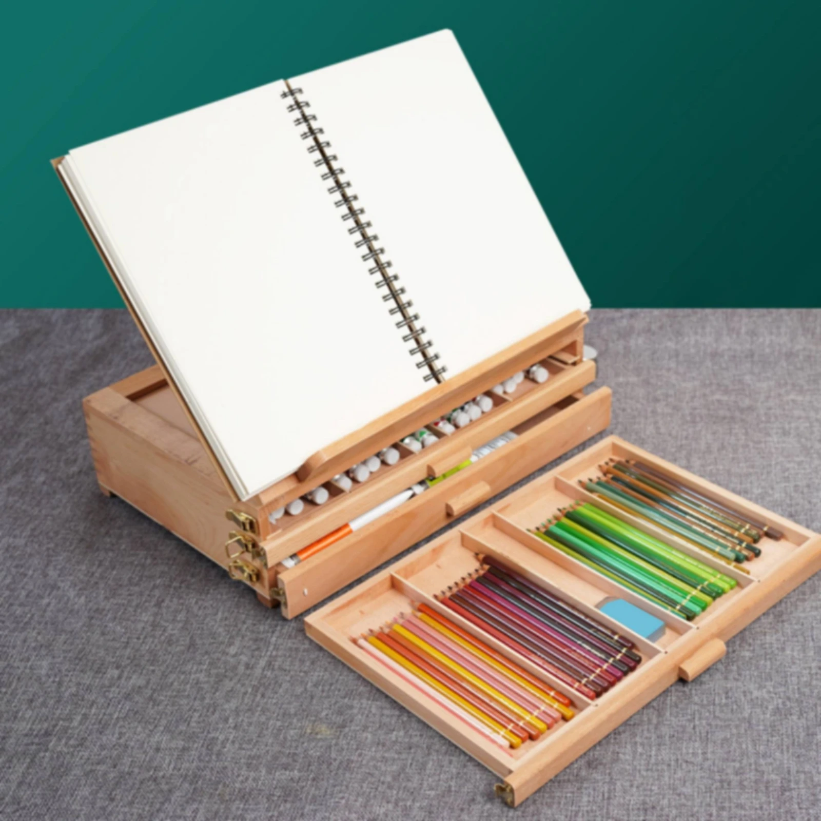 Wooden Tabletop Easel with Storage Compact Portable Desktop Art Box with Drawers Art Supply Box with Carry Handle Multi-Function