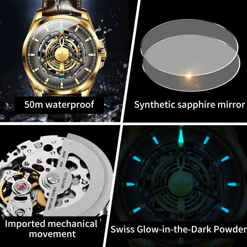 OUPINKE 3206, лучшие автоматические мужские часы, модные роскошные оригинальные механические наручные часы с полым скелетом, мужские часы с сапфировым зеркалом