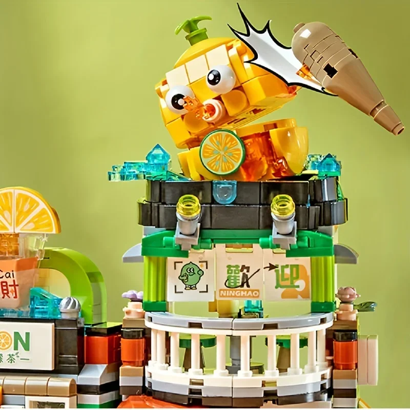 Street View Mini Building Blocks Toys, Chinese Hippest Dish Store Model Set Lemon Tea Shop River Snails Rice Noodle Shop