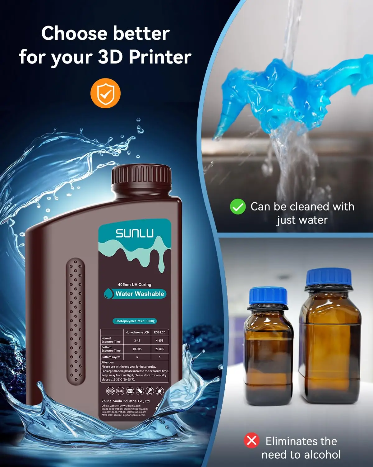 SUNLU 5KG  Standard / Water-Wash 3D Resin 405nm UV Resin For most SLA/DLP/LCD 3D Printer Material UV Sensitive 1kg