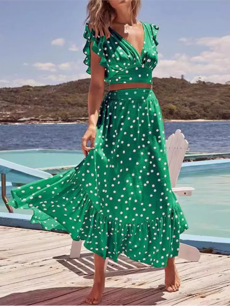 Ensemble Jupe et Haut Court à Pois pour Femme, Manches à Volants, Col en V, Taille Haute, Style Vacances, 2 Pièces