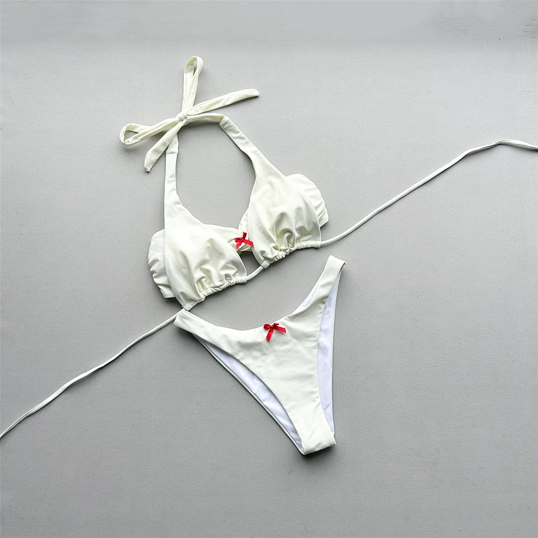 Brasilianischer Badeanzug mit hohem Beinausschnitt, neuer weißer Bikini mit Schleife, Damen-Badebekleidung, zweiteiliger Bikini-Set V8170 – Detail 6