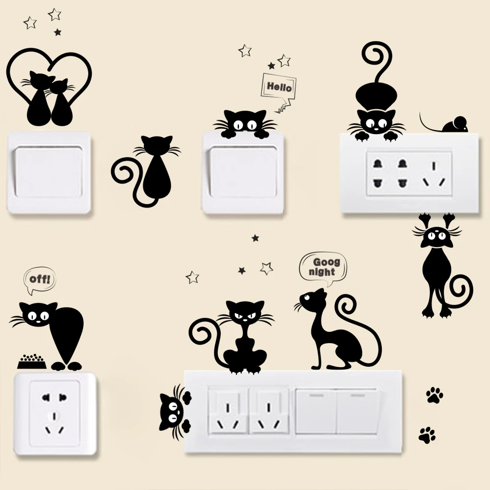 Cute Cats Switch Stickers For Kids Room Bedroom Home Decoration Diy Cartoon Pet Animal Mural Art Pvc Wall Decal Kitten Poster
